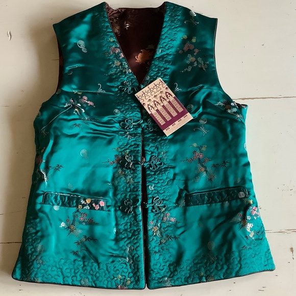 NWT Xin Jiang Camel Wool insulated Reversible teal & brown Satin Vest Large - Picture 5 of 8